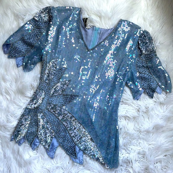 🪼[ Vintage ] Scala Powder Blue Ornate Art Deco Iridescent Sequin Blouse - Picture 1 of 12